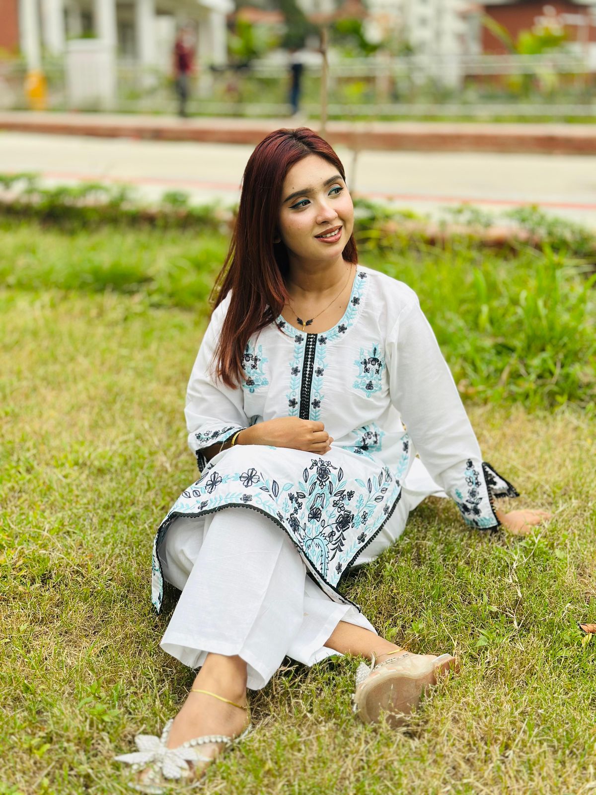 Elegant Floral Embroidery Cotton Kurti & Pant Set