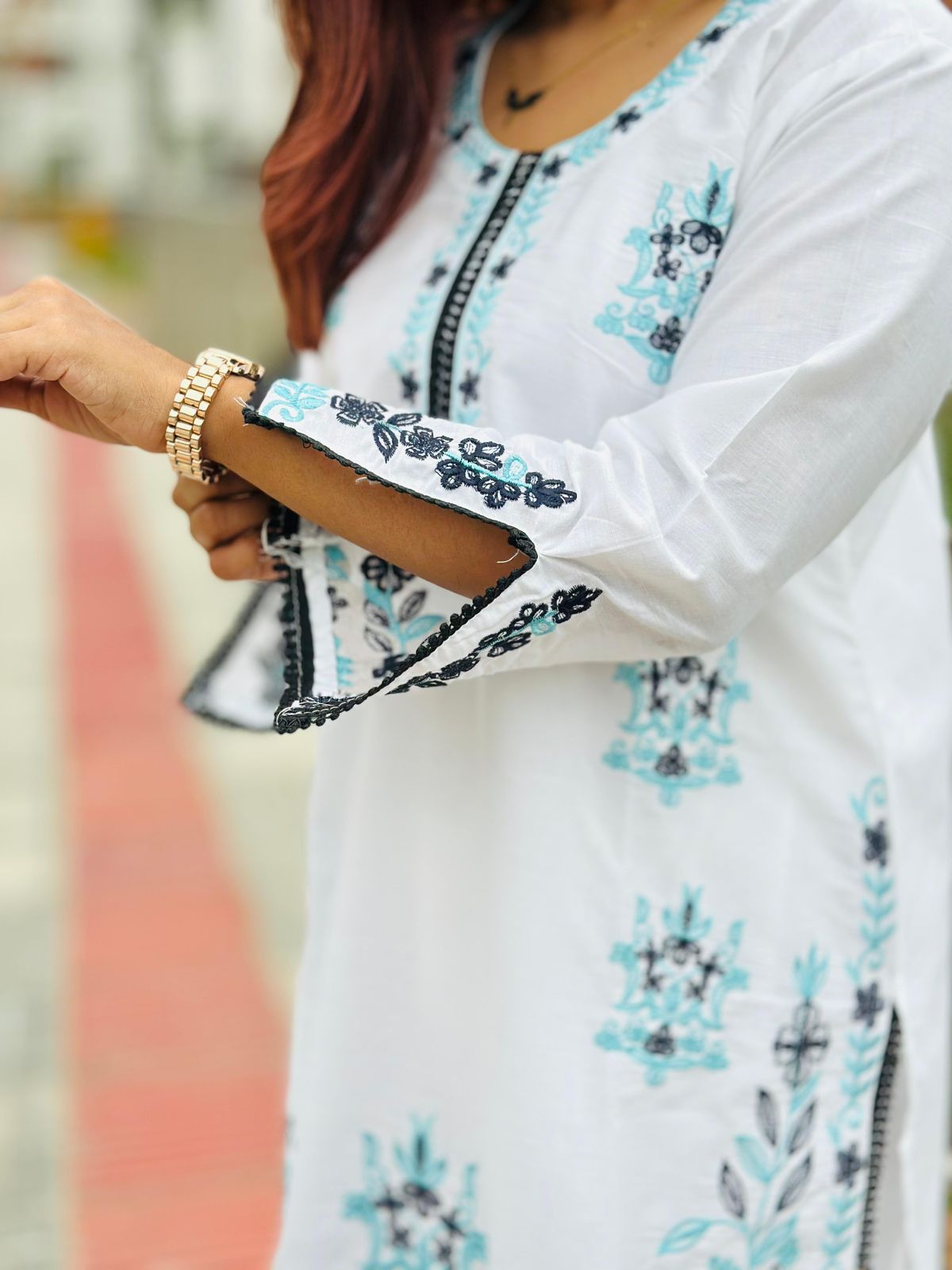 Elegant Floral Embroidery Cotton Kurti & Pant Set - Image 2